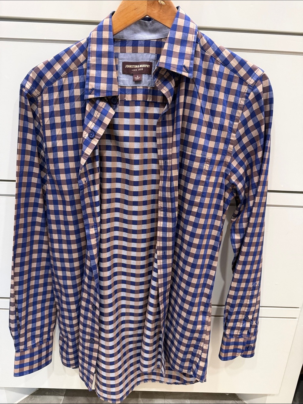Johnston & Murphy Blue and Tan Gingham Button-Down Shirt